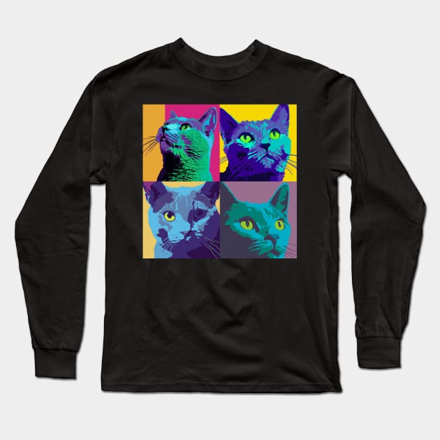 Russian Blue Pop Art - Cat Lover Gift Long Sleeve T-Shirt by PawPopArt